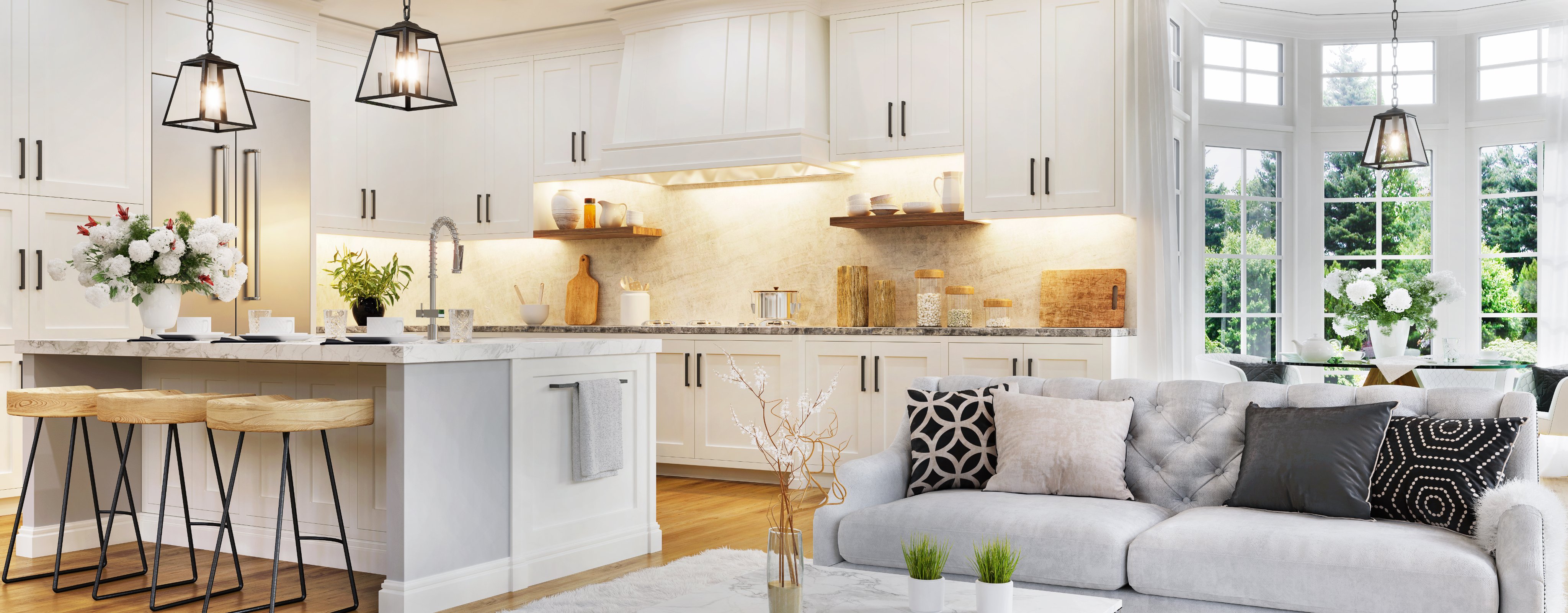 Modern kitchen and living room interior